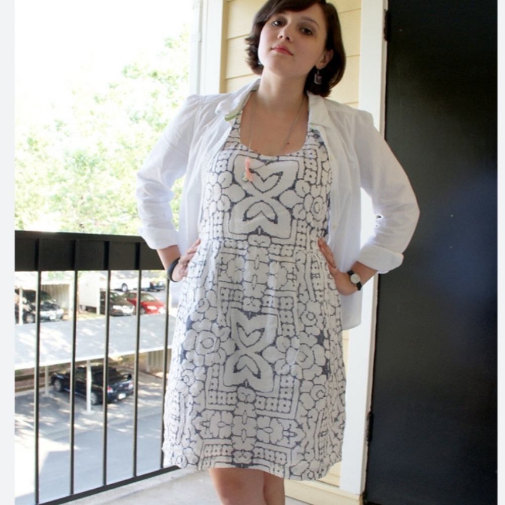 Madewell Needlepoint Print Cross Back Dress. Linen‐Cotton Blend. Underlined.